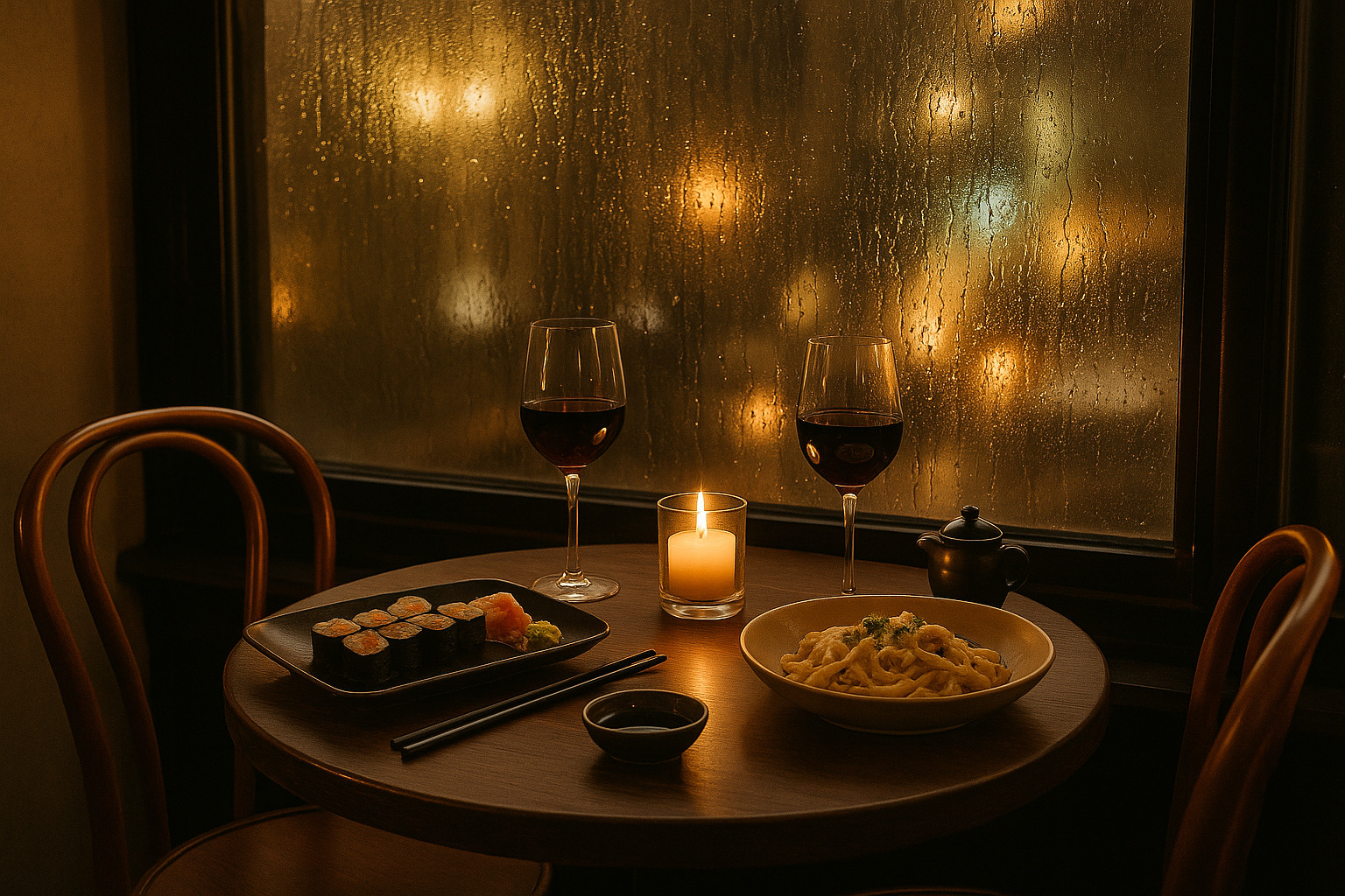 Уютный ресторан с мягким освещением и элегантной сервировкой